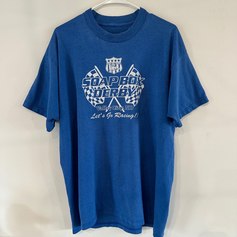VTG Soap Box Derby Valley City North Dakota Racing Graphic T-Shirt Blue Mens Lg